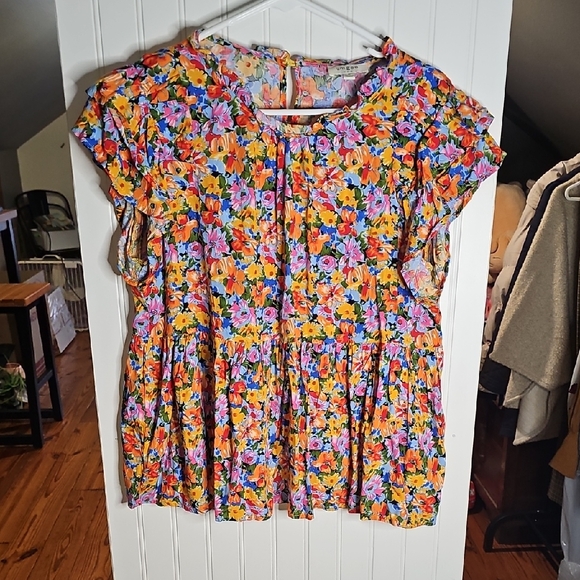 Umgee Tops - Umgee Floral Flutter Sleeve Peplum Top - Orange, Pink, Blue